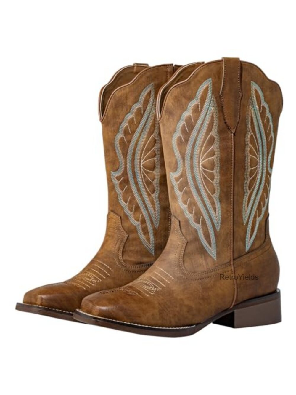Extra Wide Calf Cowboy Boots Faux Leather Square Toe Pull-On Mid-Calf